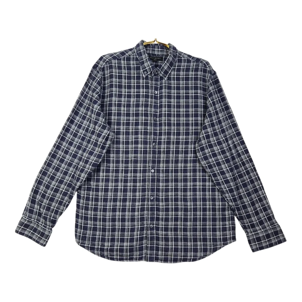Banana Republic Slim Fit Men XL Blue/White Madras Plaid Doub Weave Button Shirt